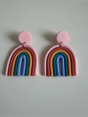 Kids Pink Rainbow Clay Drop Earrings — Colorful Arch Dangles